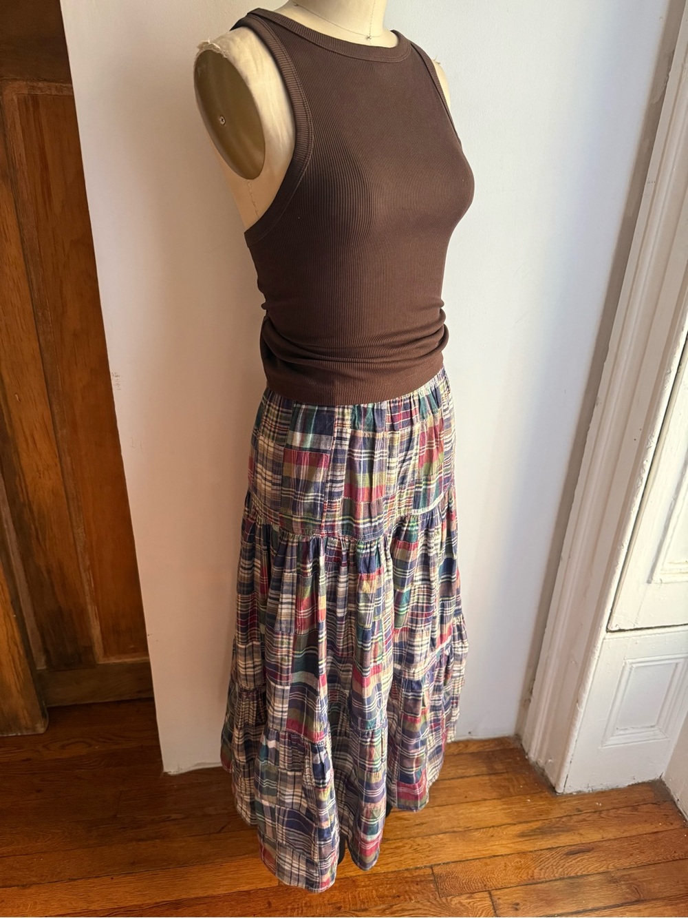 Karen Scott 100% Cotton Plaid Tiered Maxi Skirt Cottagecore Prairie Skirt - Picture 3 of 6